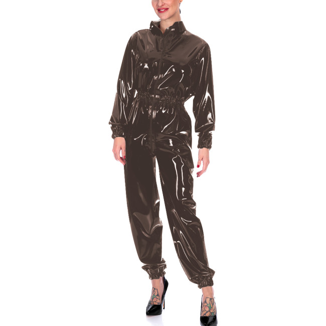 Faux Leather Long Sleeves Jumpsuits for Women High Waist Bodycon One Piece Overalls Stretch Slim Latex Look Catsuit Fetish Wear