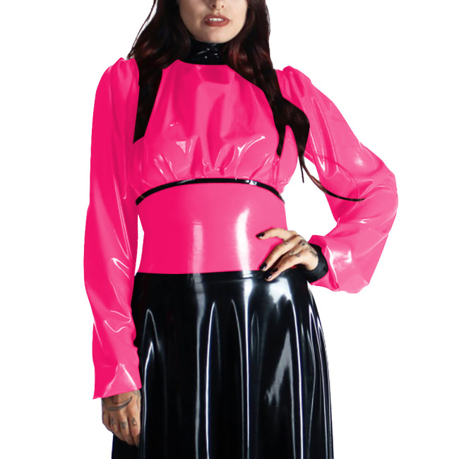 Turtleneck PVC Leather Patchwork Shirts for Women Clothes Long Sleeves Bodycon Back Zipper Slim Fit T-Shirts Office Ladies Tops