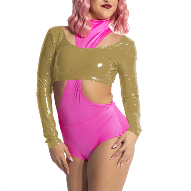 Women Scoop Neck Open Back Short Top for Raves Party Costumes Long Sleeve Vinyl Backless Top Sexy Shiny PVC Leather Crop Tee