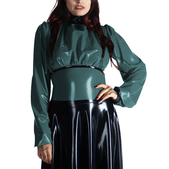 Turtleneck PVC Leather Patchwork Shirts for Women Clothes Long Sleeves Bodycon Back Zipper Slim Fit T-Shirts Office Ladies Tops