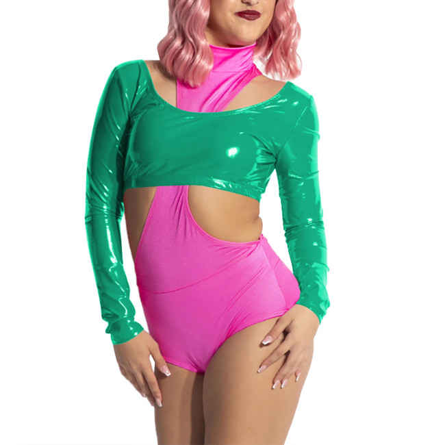 Women Scoop Neck Open Back Short Top for Raves Party Costumes Long Sleeve Vinyl Backless Top Sexy Shiny PVC Leather Crop Tee