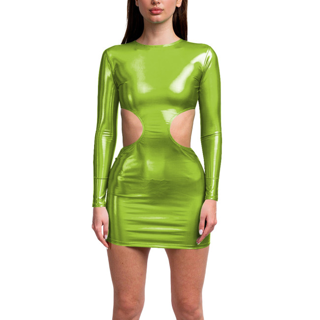 Exotic Long Sleeves Bodycon Hollow Out Sexy Holographic Laser Dress Women O Neck Slim Fit Hip Wrap Mini Dress Shiny Club Outfits
