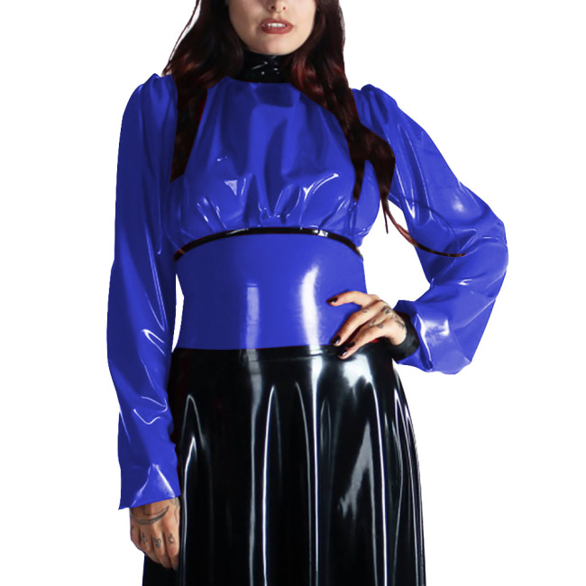 Turtleneck PVC Leather Patchwork Shirts for Women Clothes Long Sleeves Bodycon Back Zipper Slim Fit T-Shirts Office Ladies Tops