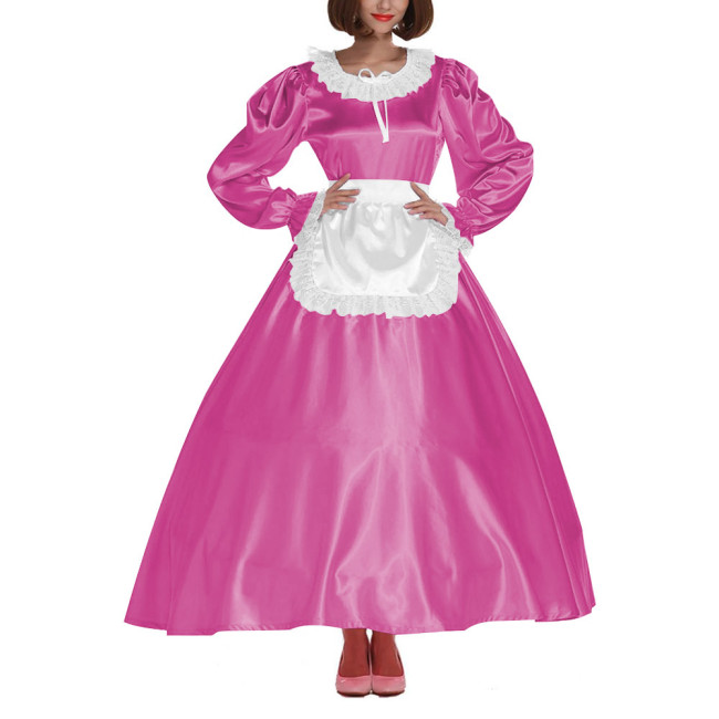 French Sissy Long Maid Dress Crossdress Lace Frill Maxi Maid Uniforms Party Round Neck Satin Dress with Apron Cosplay Costume