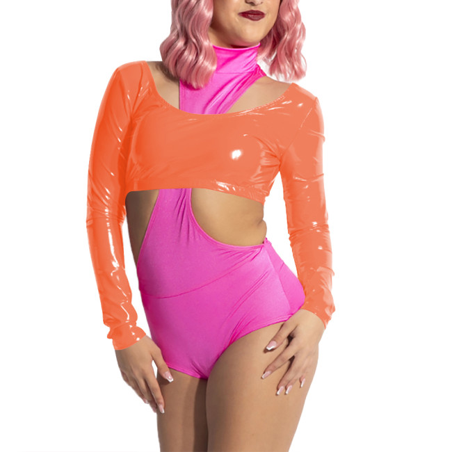 Women Scoop Neck Open Back Short Top for Raves Party Costumes Long Sleeve Vinyl Backless Top Sexy Shiny PVC Leather Crop Tee
