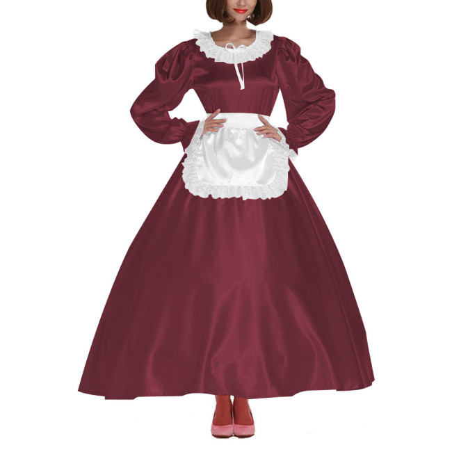 French Sissy Long Maid Dress Crossdress Lace Frill Maxi Maid Uniforms Party Round Neck Satin Dress with Apron Cosplay Costume