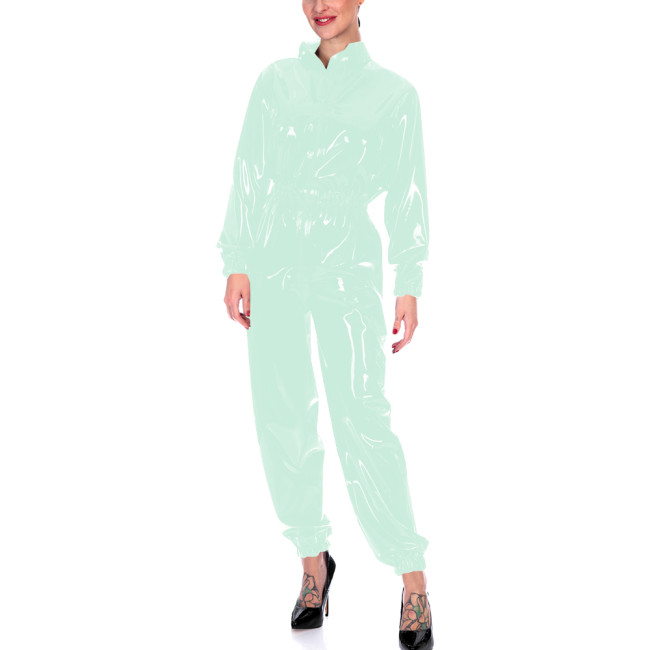 Faux Leather Long Sleeves Jumpsuits for Women High Waist Bodycon One Piece Overalls Stretch Slim Latex Look Catsuit Fetish Wear