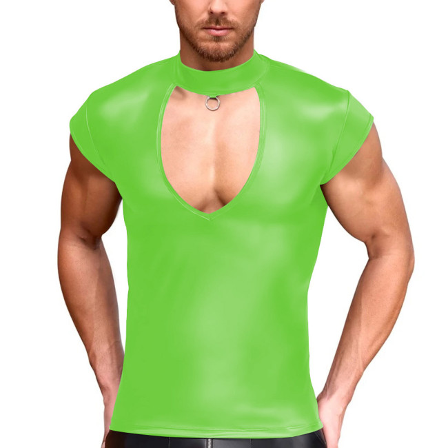 Men's Matte Faux Leather T-Shirt Solid Color Tight Turtleneck Hollow Out Tops Party Male Blouse Men Clothing Sexy Streetwear