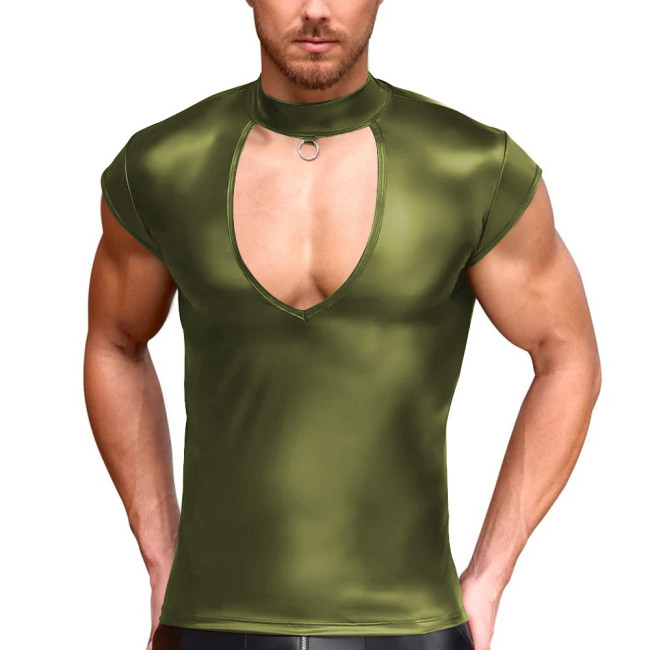 Men's Matte Faux Leather T-Shirt Solid Color Tight Turtleneck Hollow Out Tops Party Male Blouse Men Clothing Sexy Streetwear