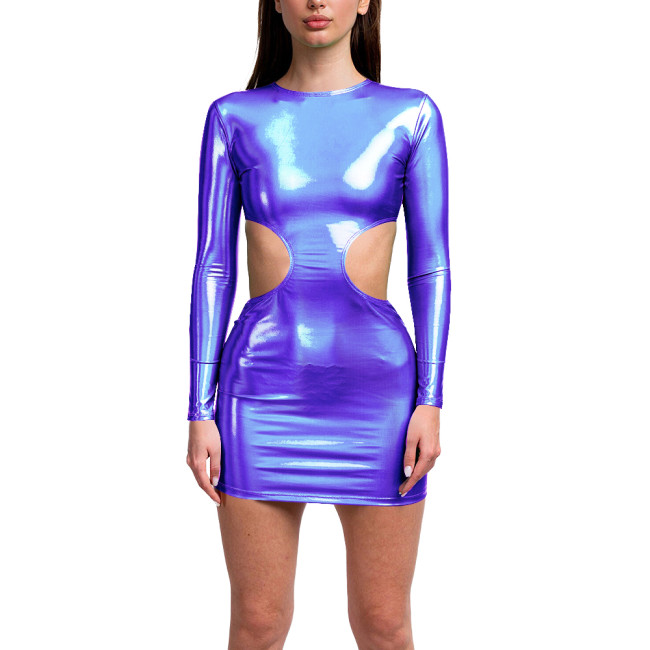Exotic Long Sleeves Bodycon Hollow Out Sexy Holographic Laser Dress Women O Neck Slim Fit Hip Wrap Mini Dress Shiny Club Outfits