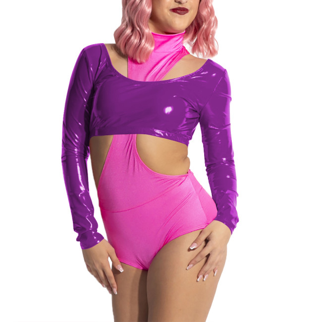 Women Scoop Neck Open Back Short Top for Raves Party Costumes Long Sleeve Vinyl Backless Top Sexy Shiny PVC Leather Crop Tee