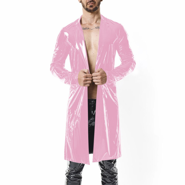Mens Retro Midi Vinyl Trench Jackets Steampunk Glossy PVC Leather Long Sleeve Overcoat Male Nightclub Lapel Collar Trench Coat