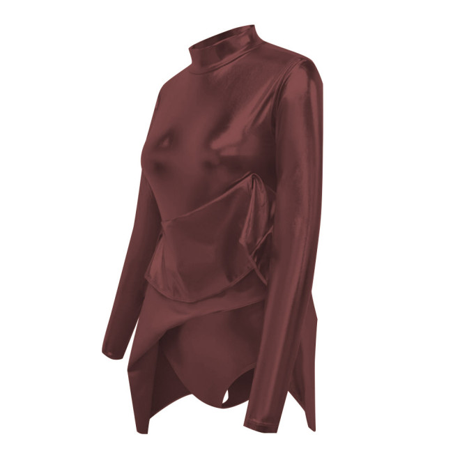 Shiny Metallic Sissy Bodysuit with Skirted Cross-dresser Party Long Sleeve Turtleneck A-Line Flared Dress Rompers Unisex Cosplay