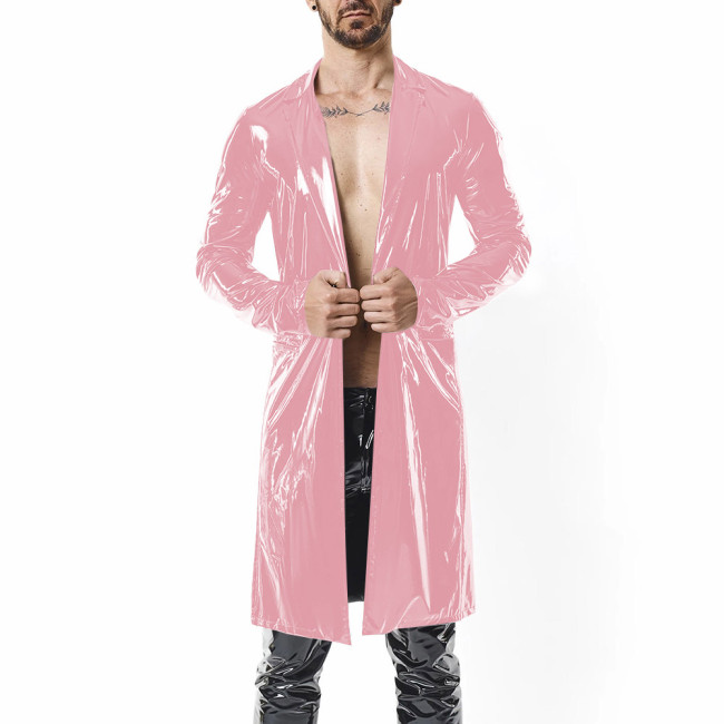 Mens Retro Midi Vinyl Trench Jackets Steampunk Glossy PVC Leather Long Sleeve Overcoat Male Nightclub Lapel Collar Trench Coat