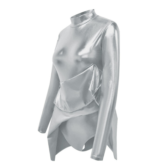 Shiny Metallic Sissy Bodysuit with Skirted Cross-dresser Party Long Sleeve Turtleneck A-Line Flared Dress Rompers Unisex Cosplay