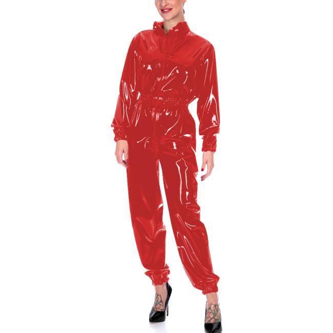 Faux Leather Long Sleeves Jumpsuits for Women High Waist Bodycon One Piece Overalls Stretch Slim Latex Look Catsuit Fetish Wear