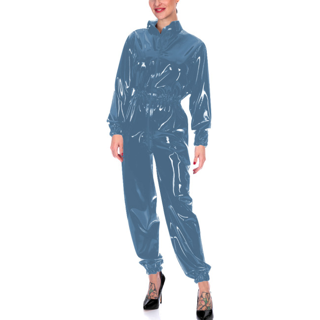 Faux Leather Long Sleeves Jumpsuits for Women High Waist Bodycon One Piece Overalls Stretch Slim Latex Look Catsuit Fetish Wear