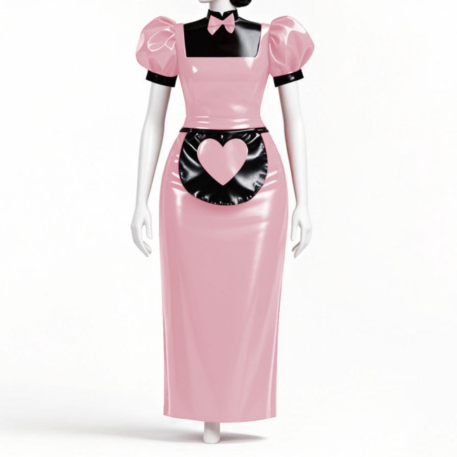 Japanese Anime Sweet Lolita Maid Dress Outfits Mens Womens Waitress Maid Uniforms Wetlook PVC Leather Long Cosplay Dress Sets