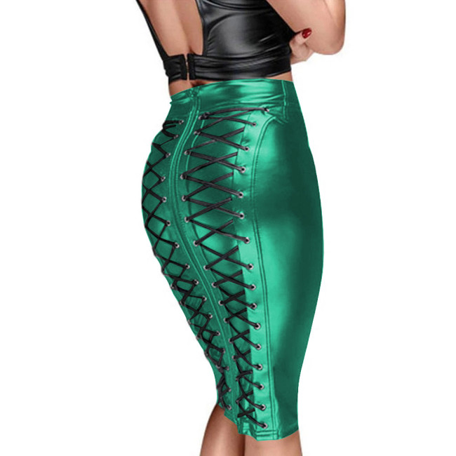 Matte PU Leather Solid Color Women Skirt Sexy Zipper Back Bandage Pencil Club Skirts Raves Party Sissy High Waist Bodycon Skirt