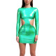 Exotic Long Sleeves Bodycon Hollow Out Sexy Holographic Laser Dress Women O Neck Slim Fit Hip Wrap Mini Dress Shiny Club Outfits