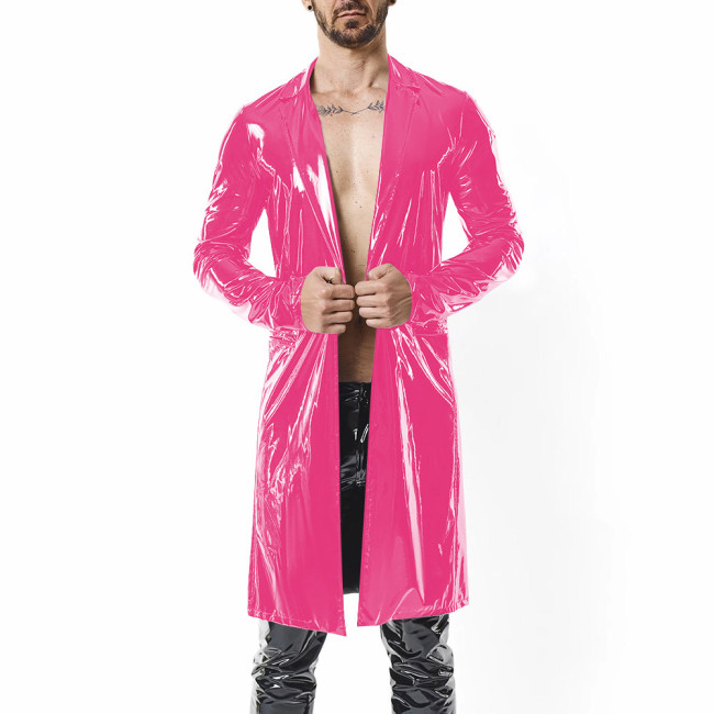 Mens Retro Midi Vinyl Trench Jackets Steampunk Glossy PVC Leather Long Sleeve Overcoat Male Nightclub Lapel Collar Trench Coat