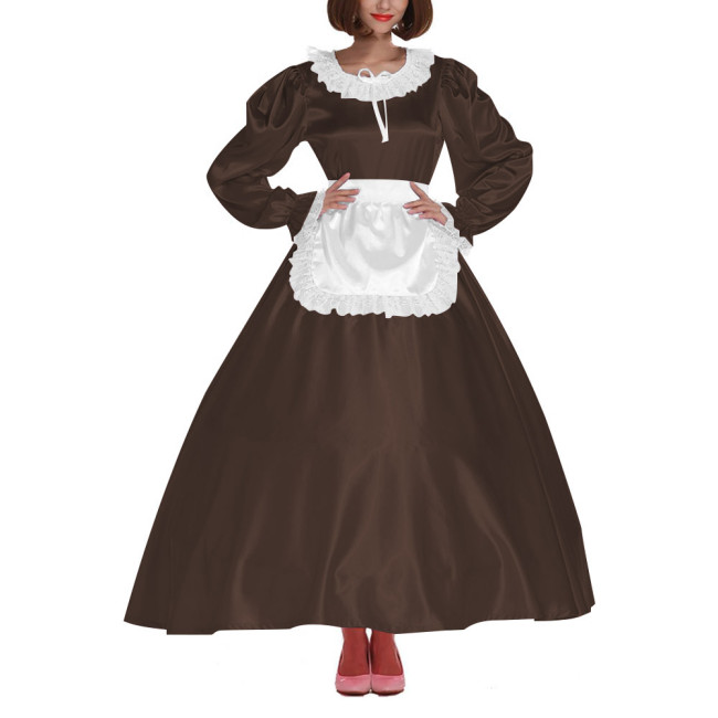 French Sissy Long Maid Dress Crossdress Lace Frill Maxi Maid Uniforms Party Round Neck Satin Dress with Apron Cosplay Costume
