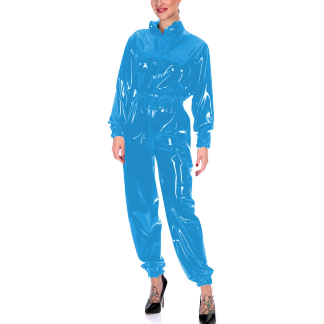 Faux Leather Long Sleeves Jumpsuits for Women High Waist Bodycon One Piece Overalls Stretch Slim Latex Look Catsuit Fetish Wear