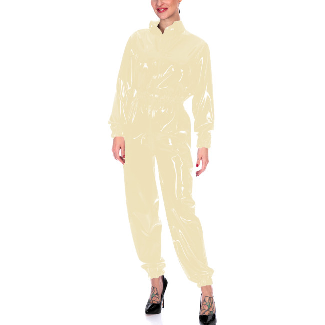 Faux Leather Long Sleeves Jumpsuits for Women High Waist Bodycon One Piece Overalls Stretch Slim Latex Look Catsuit Fetish Wear
