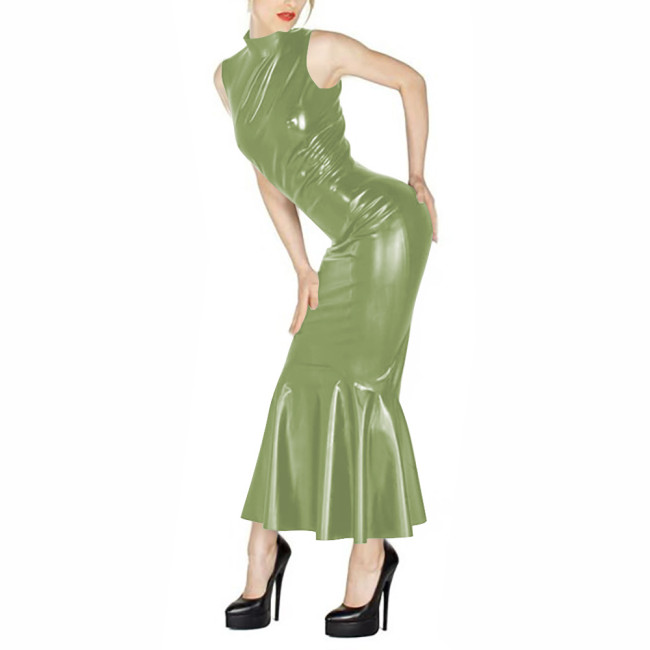 Summer Mock Neck Bodycon Elegant Evening Dress Vinyl PVC Leather  Sleeveless Maxi Dresses Wetlook Female Mermaid Gown Vestidos