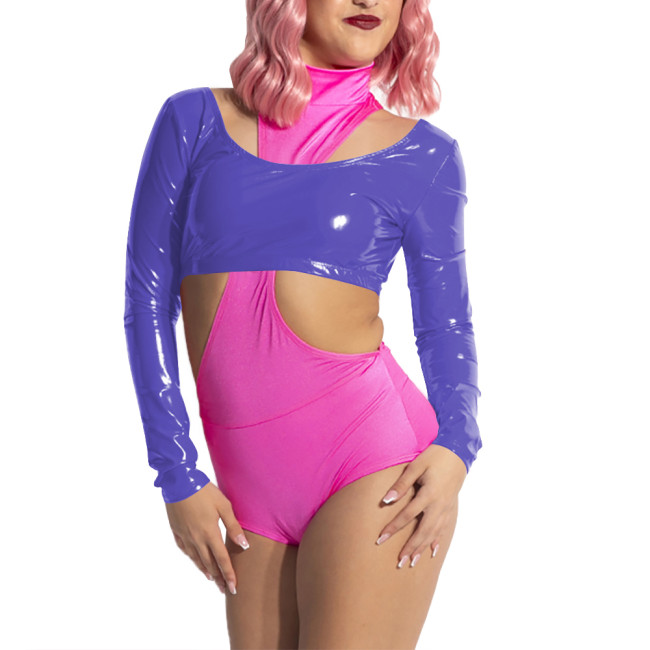 Women Scoop Neck Open Back Short Top for Raves Party Costumes Long Sleeve Vinyl Backless Top Sexy Shiny PVC Leather Crop Tee