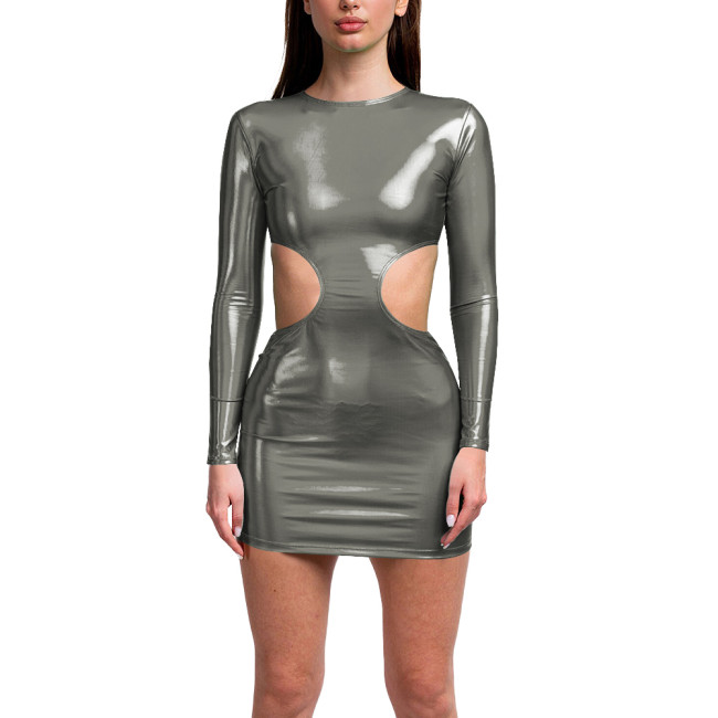 Exotic Long Sleeves Bodycon Hollow Out Sexy Holographic Laser Dress Women O Neck Slim Fit Hip Wrap Mini Dress Shiny Club Outfits