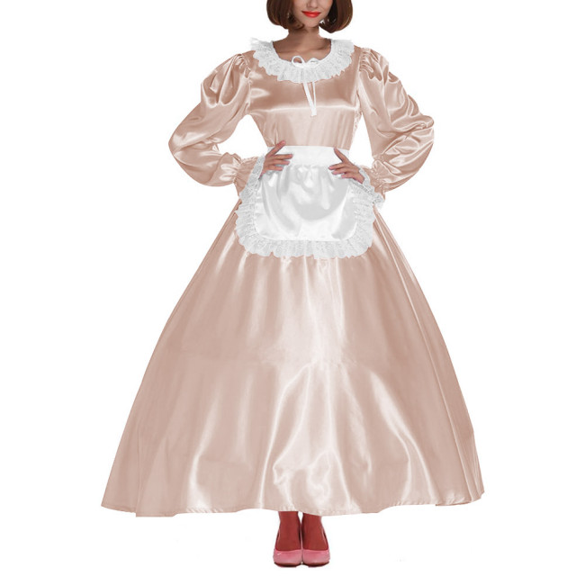 French Sissy Long Maid Dress Crossdress Lace Frill Maxi Maid Uniforms Party Round Neck Satin Dress with Apron Cosplay Costume