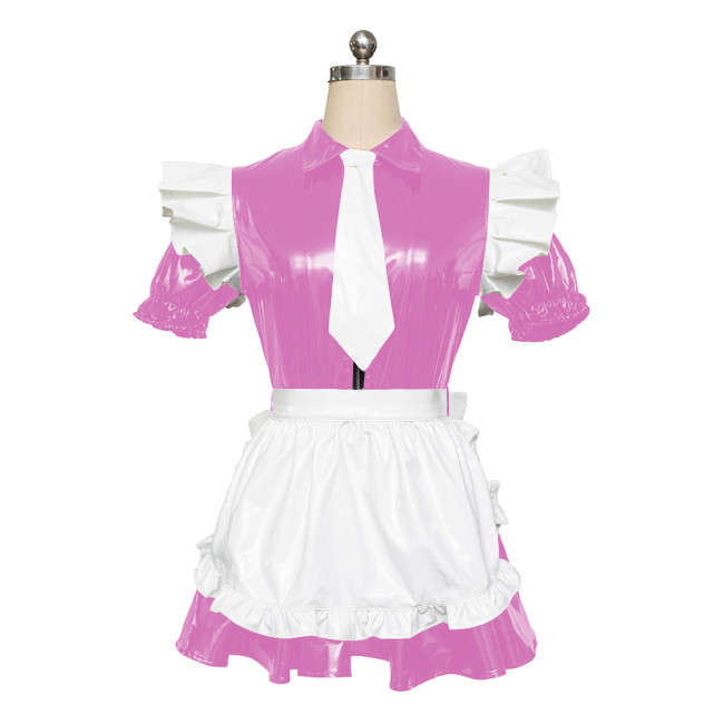 Maid PVC Leather Short Sleeve Slim Fit Pleated Mini Dress Adult Sex Costume for Role Play Cosplay Sissy Mens Maid Sets