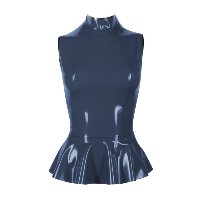 Vinyl Turtleneck Camisole Vest for Womens Glossy PVC Leather Fashion Sleeveless T-hirts Female Slim Ruffles Hem Top Streetwear