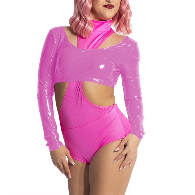 Women Scoop Neck Open Back Short Top for Raves Party Costumes Long Sleeve Vinyl Backless Top Sexy Shiny PVC Leather Crop Tee
