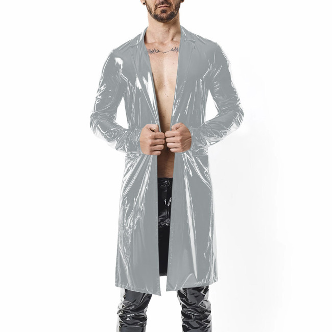 Mens Retro Midi Vinyl Trench Jackets Steampunk Glossy PVC Leather Long Sleeve Overcoat Male Nightclub Lapel Collar Trench Coat