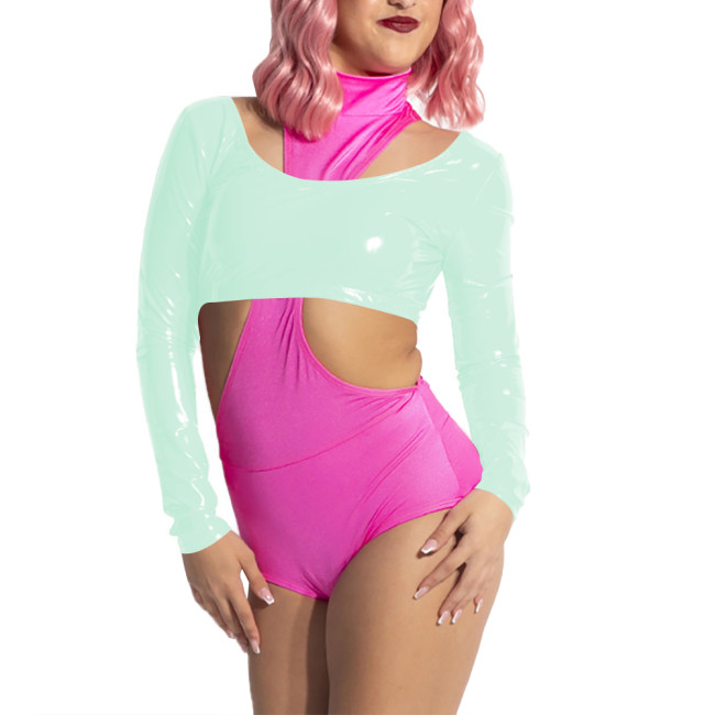 Women Scoop Neck Open Back Short Top for Raves Party Costumes Long Sleeve Vinyl Backless Top Sexy Shiny PVC Leather Crop Tee