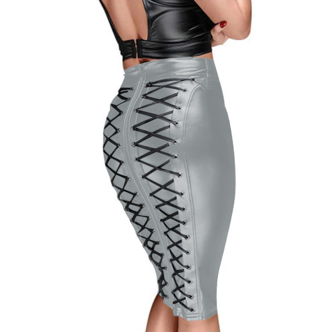Matte PU Leather Solid Color Women Skirt Sexy Zipper Back Bandage Pencil Club Skirts Raves Party Sissy High Waist Bodycon Skirt