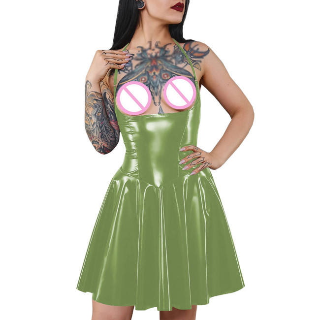 Ladies Short Sexy A-line Dress Exotic Kinky Vinyl PVC Leather Halter Straps Mini Dress with Back Lacing Womens Club Clothing