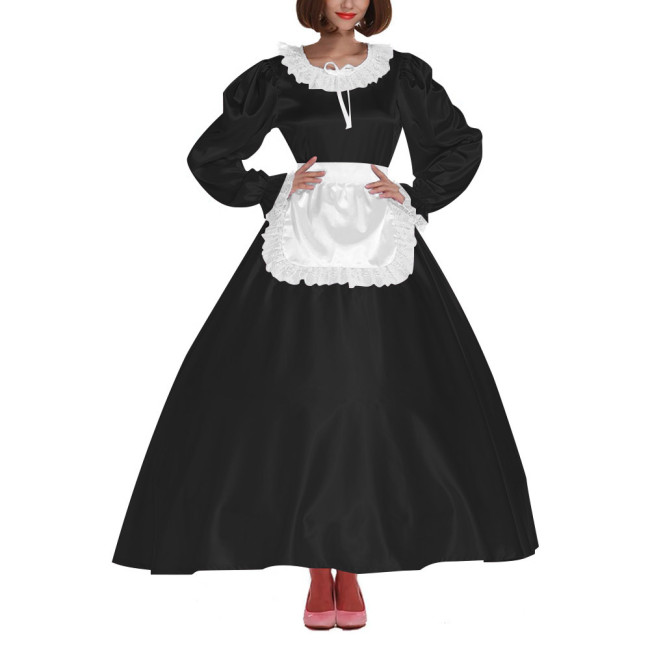 French Sissy Long Maid Dress Crossdress Lace Frill Maxi Maid Uniforms Party Round Neck Satin Dress with Apron Cosplay Costume
