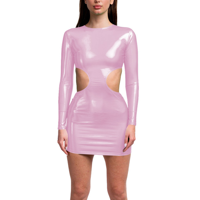 Exotic Long Sleeves Bodycon Hollow Out Sexy Holographic Laser Dress Women O Neck Slim Fit Hip Wrap Mini Dress Shiny Club Outfits