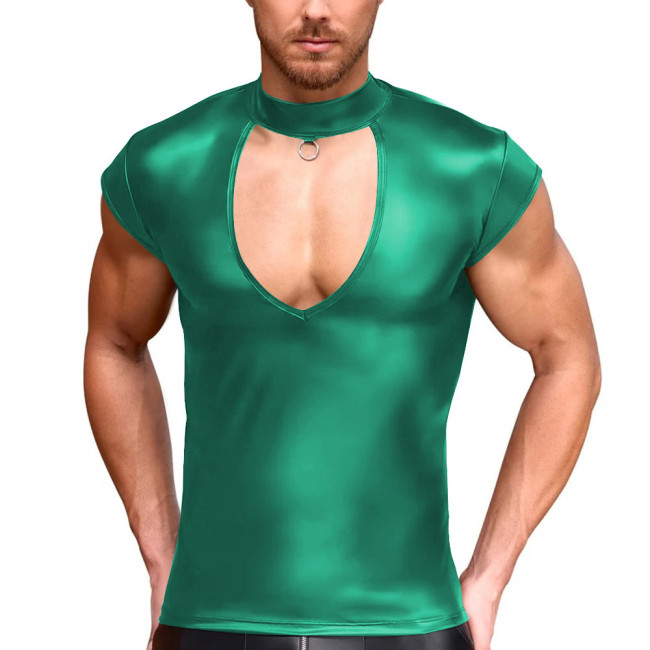 Men's Matte Faux Leather T-Shirt Solid Color Tight Turtleneck Hollow Out Tops Party Male Blouse Men Clothing Sexy Streetwear