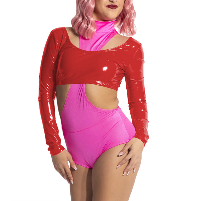 Women Scoop Neck Open Back Short Top for Raves Party Costumes Long Sleeve Vinyl Backless Top Sexy Shiny PVC Leather Crop Tee