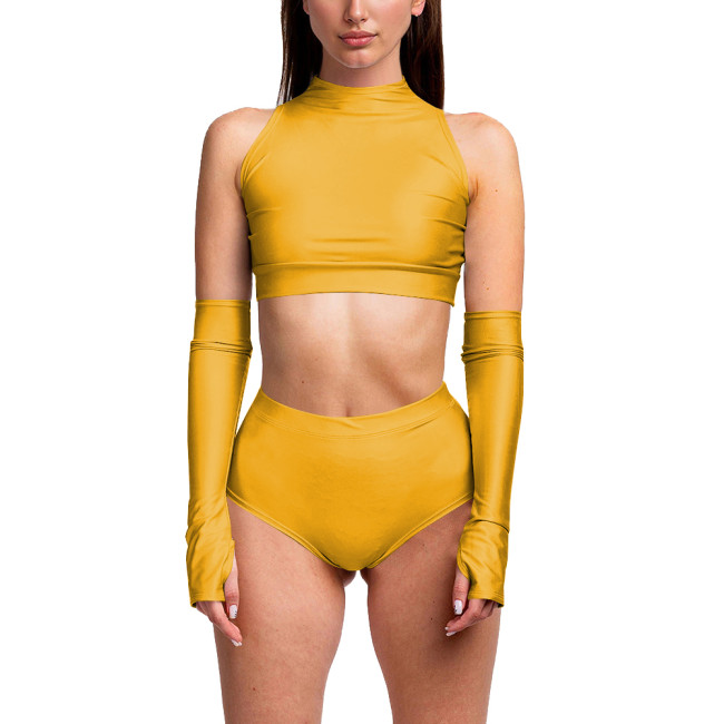 Summer 3 Piece Set Women Sexy Club Sleeveless Bodycon Crop Top PU Leather Low Waist Sexy Panties Stage Apparel Exotic Sets 7XL