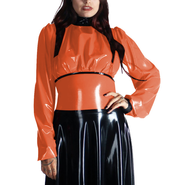 Turtleneck PVC Leather Patchwork Shirts for Women Clothes Long Sleeves Bodycon Back Zipper Slim Fit T-Shirts Office Ladies Tops