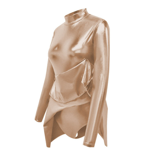 Shiny Metallic Sissy Bodysuit with Skirted Cross-dresser Party Long Sleeve Turtleneck A-Line Flared Dress Rompers Unisex Cosplay