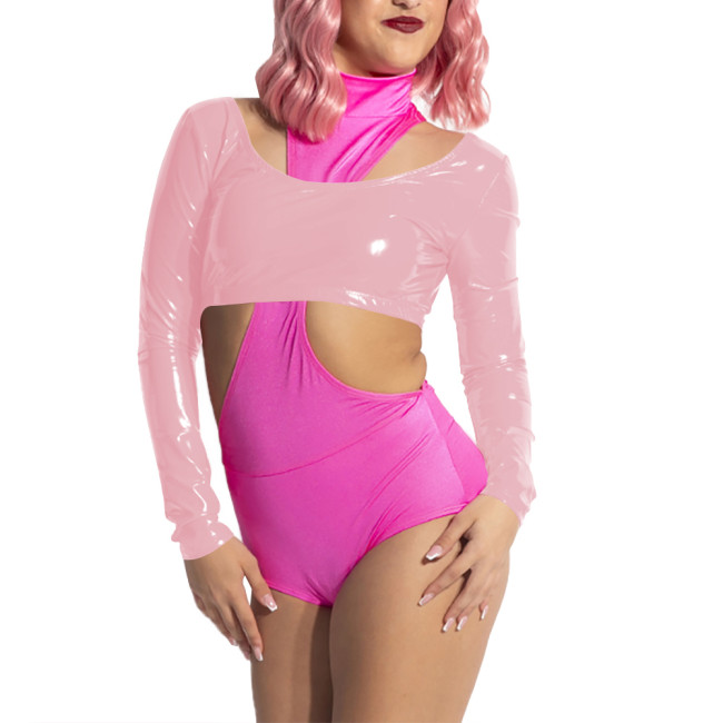 Women Scoop Neck Open Back Short Top for Raves Party Costumes Long Sleeve Vinyl Backless Top Sexy Shiny PVC Leather Crop Tee