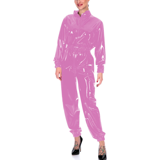 Faux Leather Long Sleeves Jumpsuits for Women High Waist Bodycon One Piece Overalls Stretch Slim Latex Look Catsuit Fetish Wear