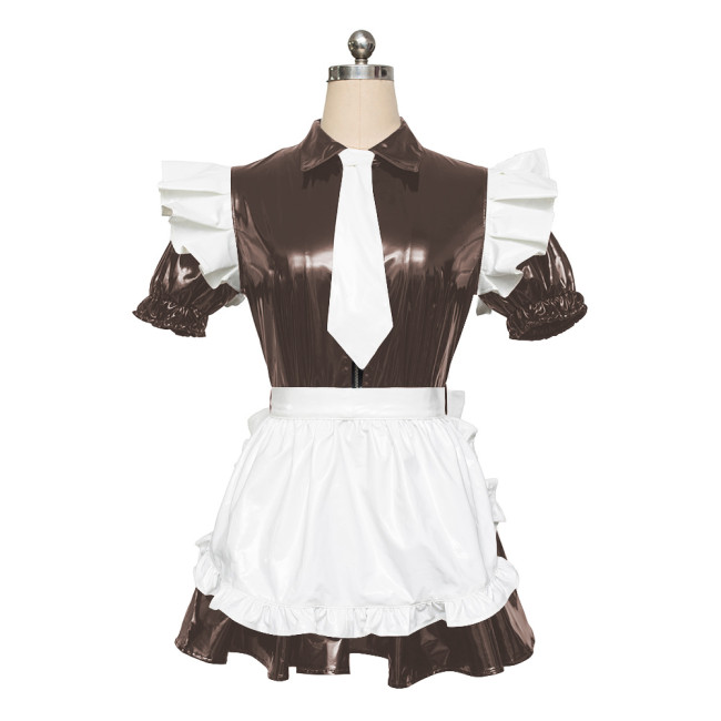 Maid PVC Leather Short Sleeve Slim Fit Pleated Mini Dress Adult Sex Costume for Role Play Cosplay Sissy Mens Maid Sets