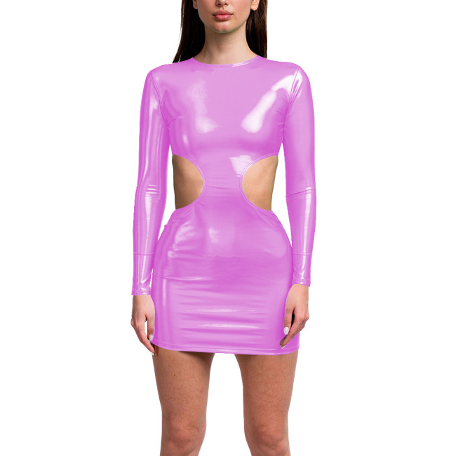 Exotic Long Sleeves Bodycon Hollow Out Sexy Holographic Laser Dress Women O Neck Slim Fit Hip Wrap Mini Dress Shiny Club Outfits